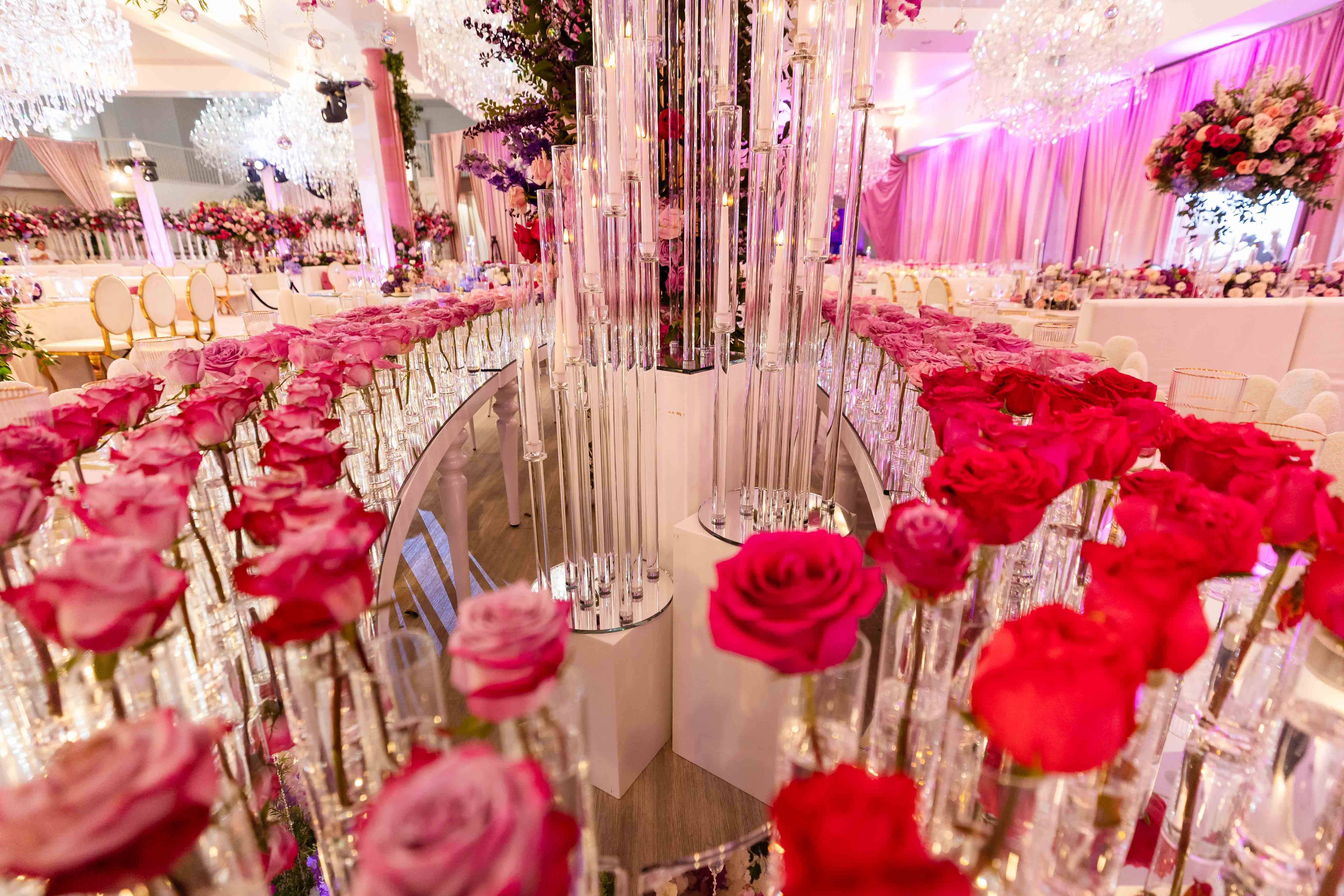 Luxury blush pink and gold quinceañera ballroom décor