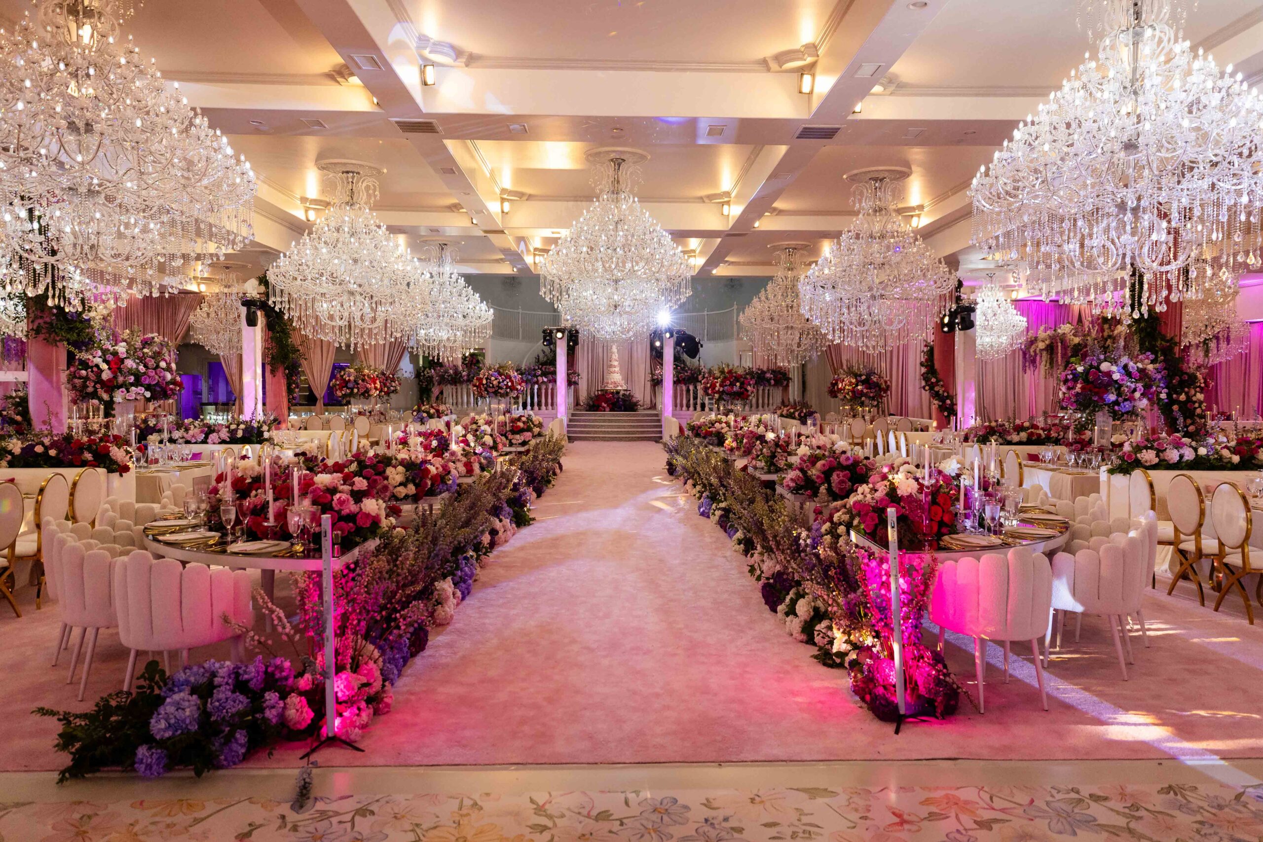 Luxury blush pink and gold quinceañera ballroom décor