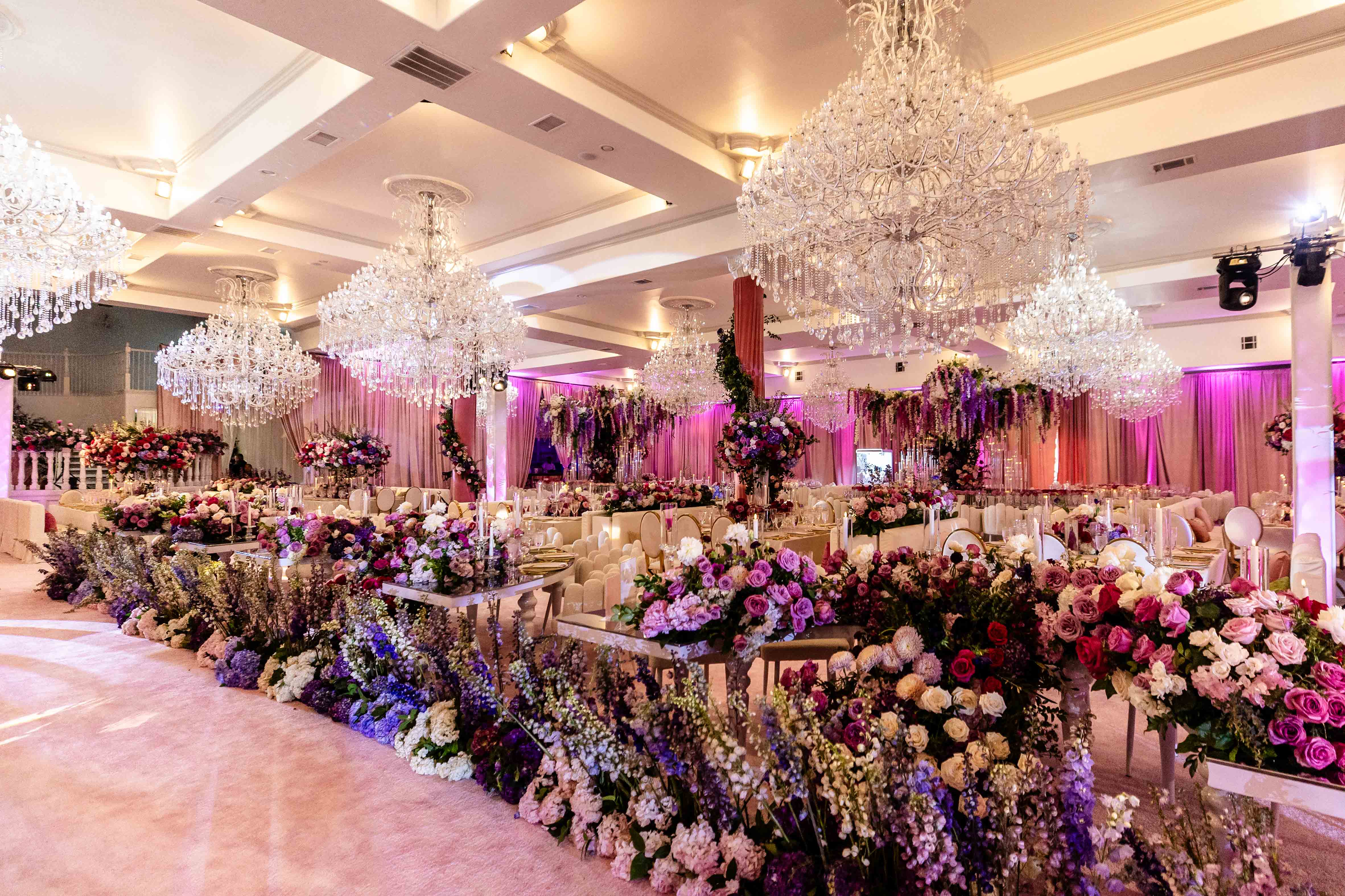 Luxury blush pink and gold quinceañera ballroom décor