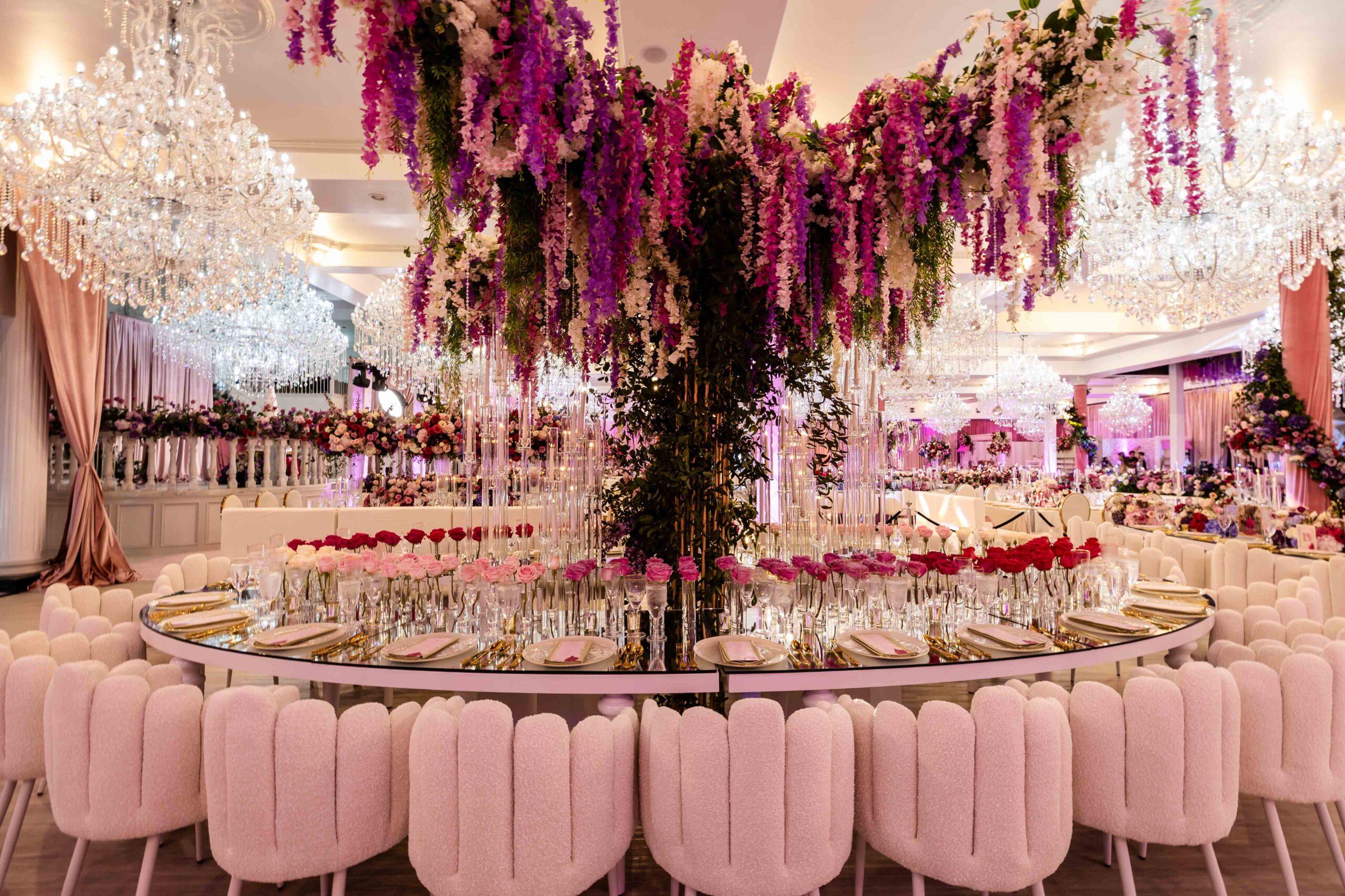Luxury blush pink and gold quinceañera ballroom décor
