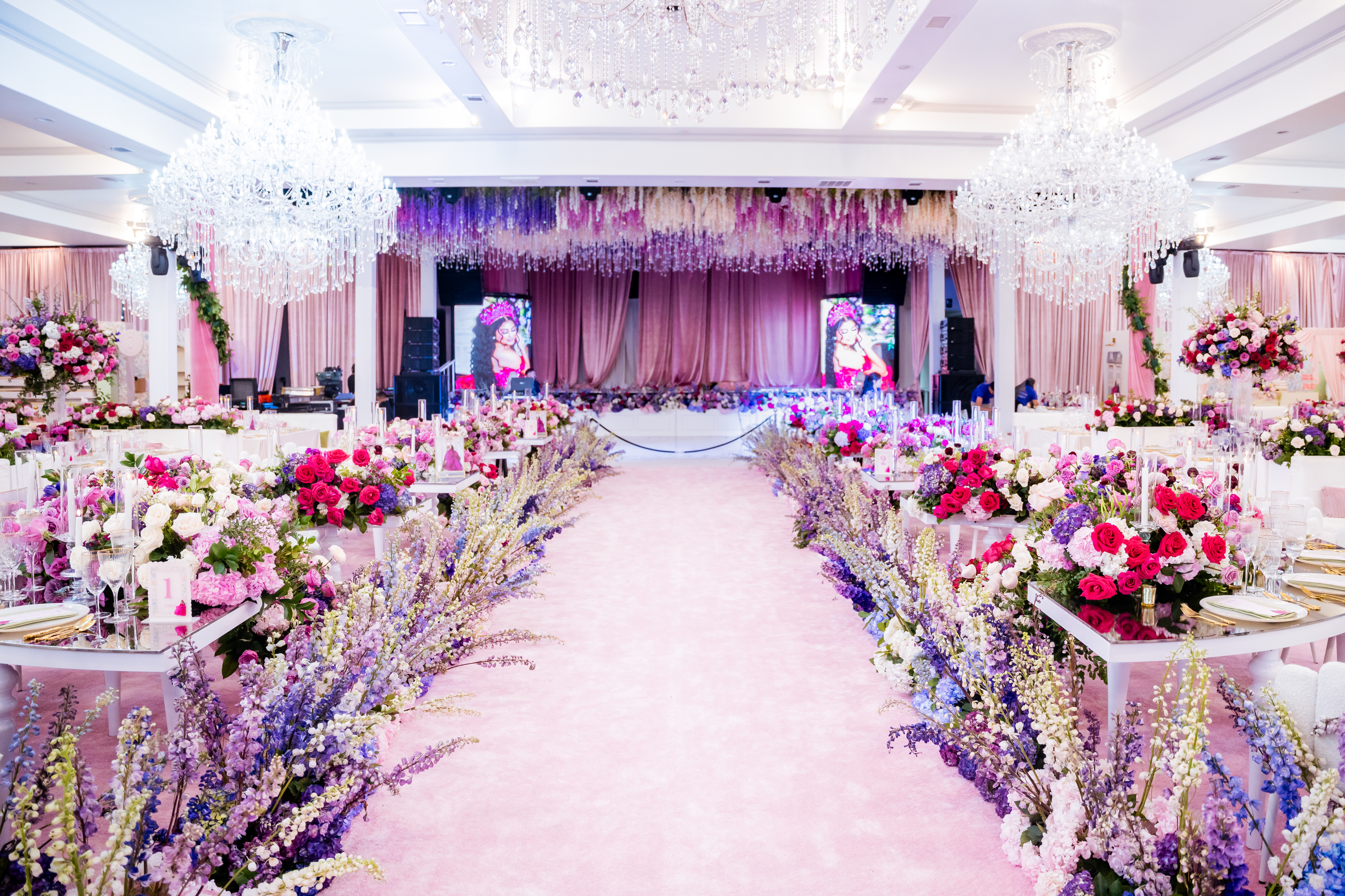 Luxury blush pink and gold quinceañera ballroom décor