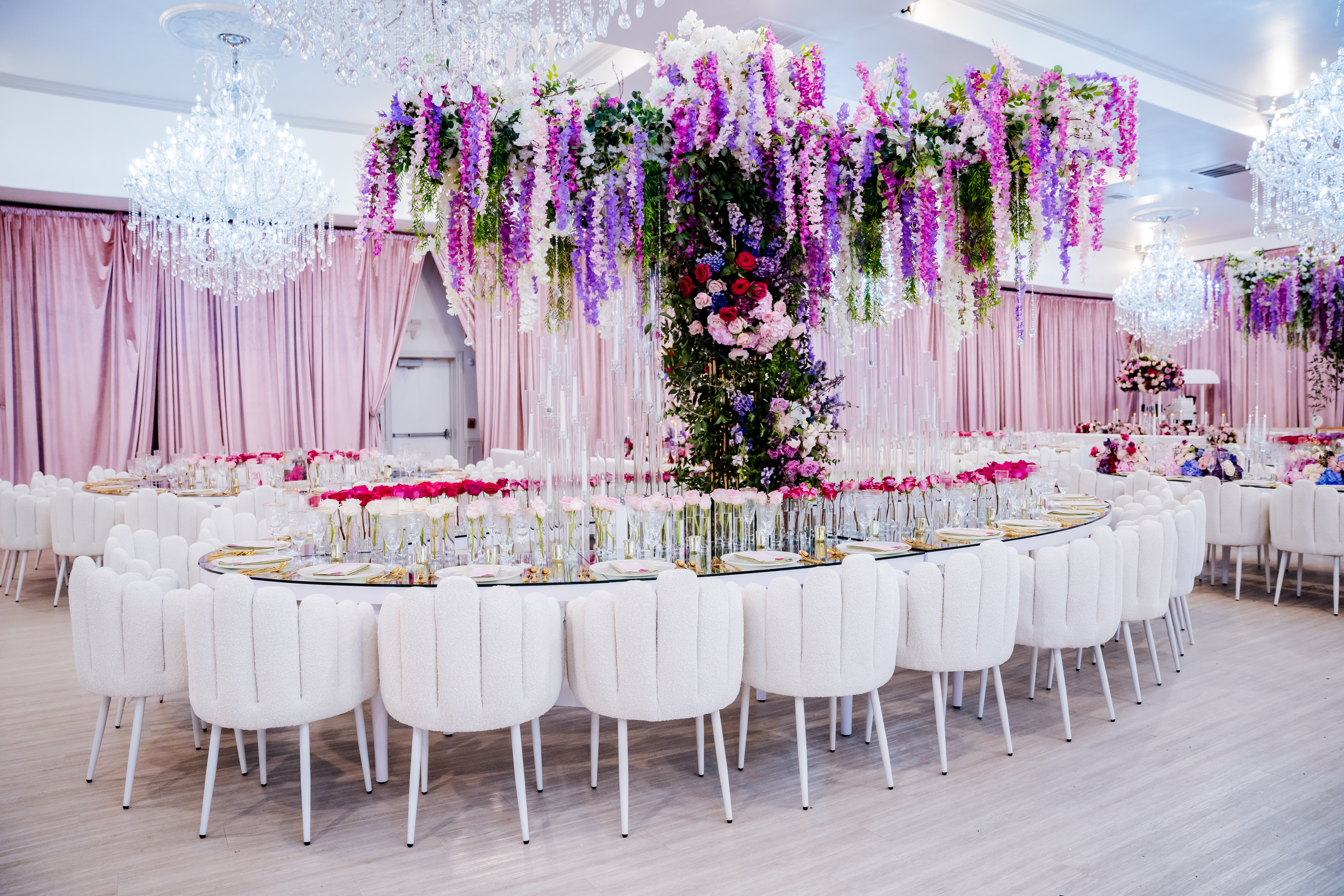 Luxury blush pink and gold quinceañera ballroom décor