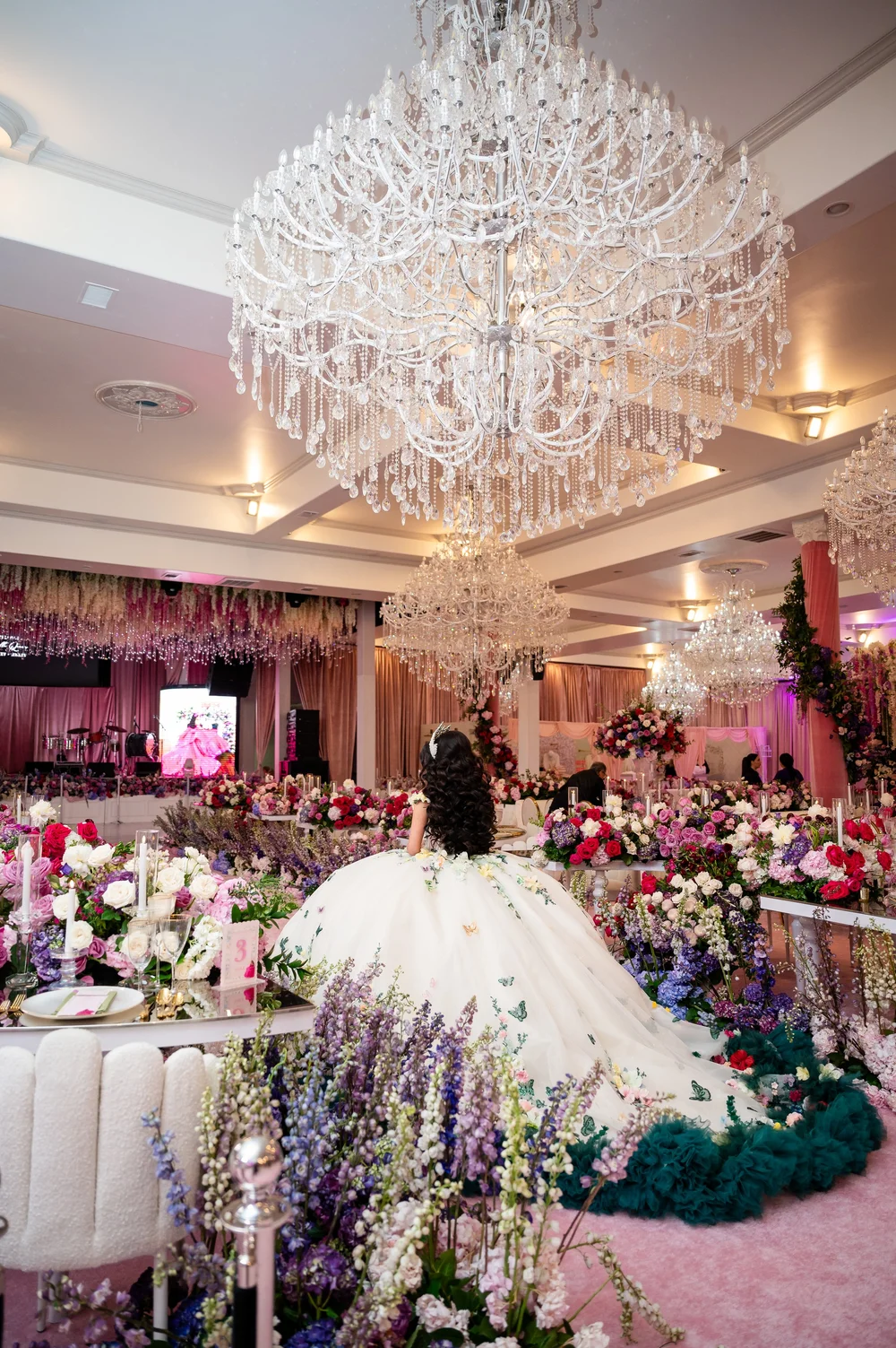 Luxury blush pink and gold quinceañera ballroom décor