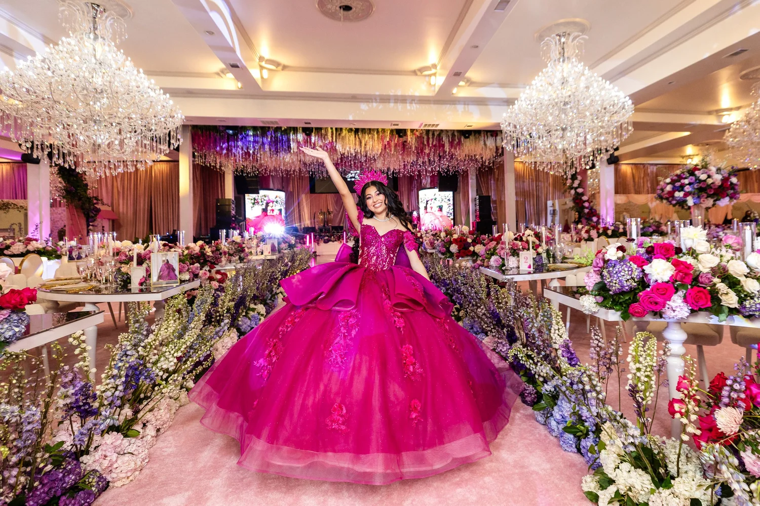 Luxury blush pink and gold quinceañera ballroom décor
