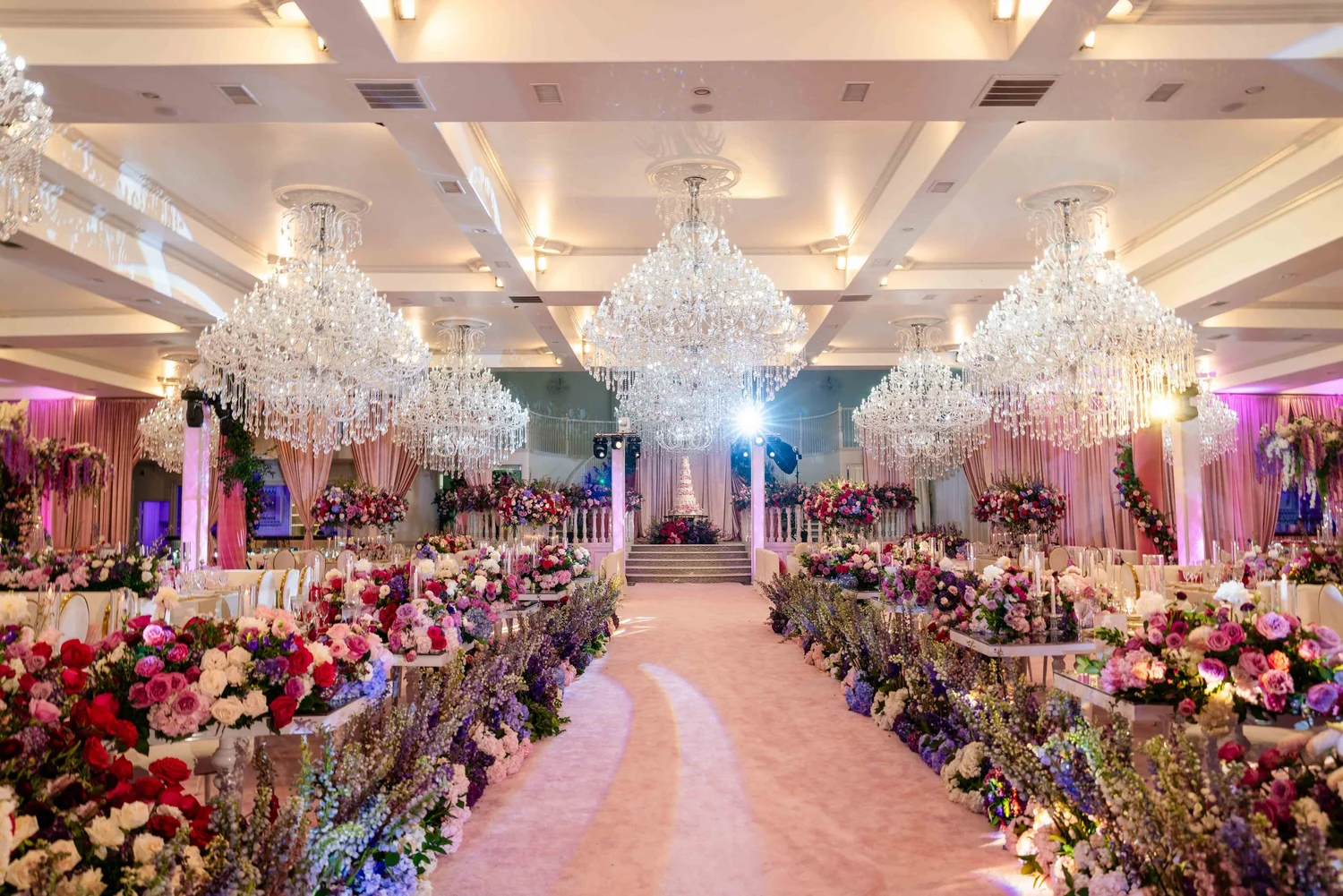 Luxury blush pink and gold quinceañera ballroom décor