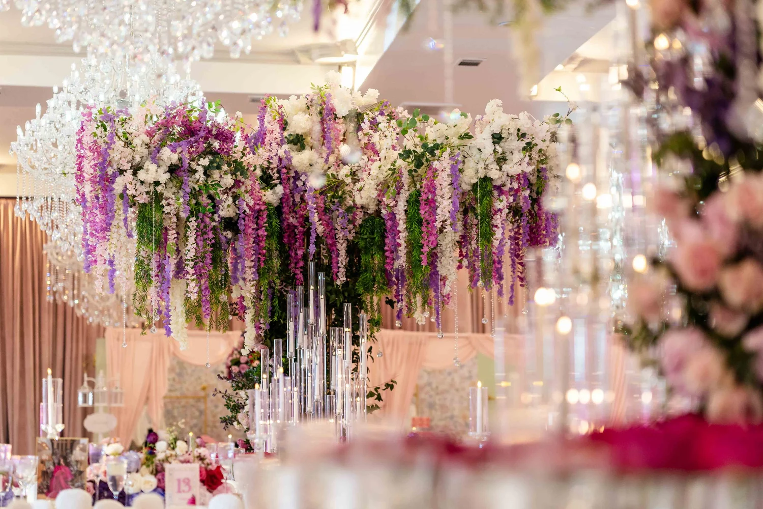 Luxury blush pink and gold quinceañera ballroom décor