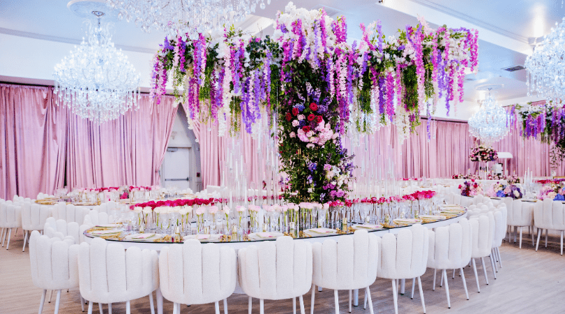 Luxury blush pink and gold quinceañera ballroom décor
