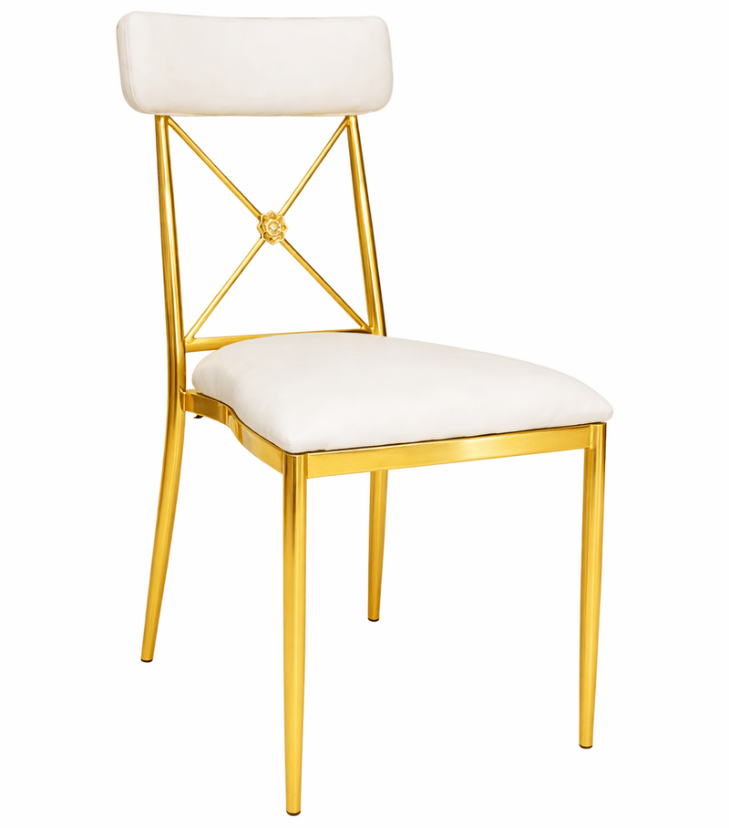 Franklin Gold and White Dining Chair with Back Cushion, Cross-Back Metal Farm Chair