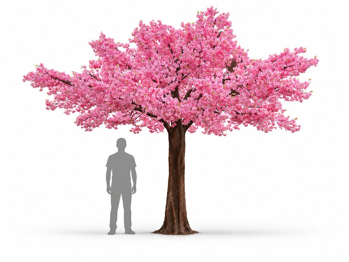 Pink cherry blossom tree with wide, dense canopy and textured brown trunk, shown beside a grey human silhouette for scale