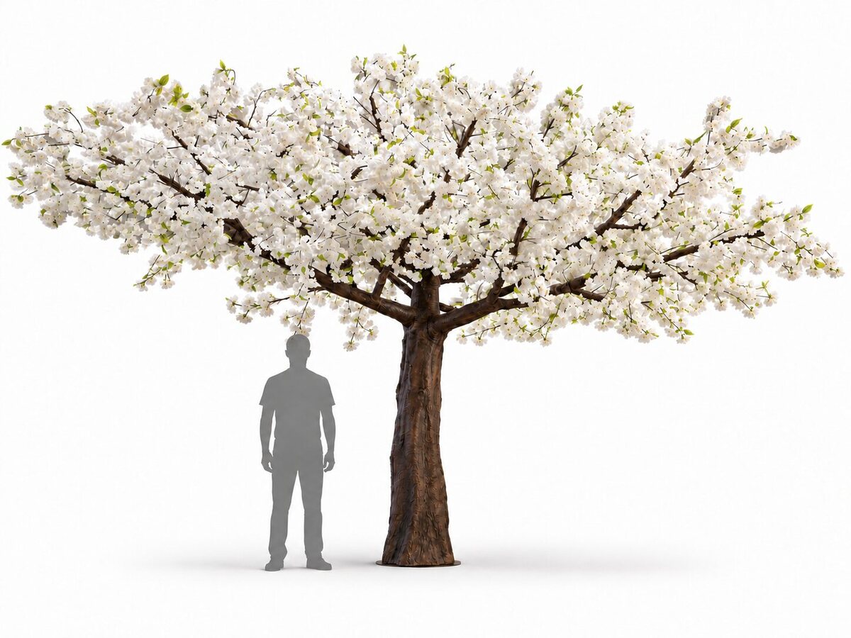 White cherry blossom tree with a textured brown trunk and wide canopy, shown beside a human silhouette for scale